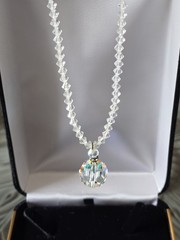 CZECH AURORA BOREALIS CRYSTAL BALL w CRYSTAL CHAIN PENDANT NECKLACE☆FILIGREE CAP
