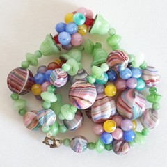Vtg Antq Czech Glass Marbled Slag Melon Ball Tutti Frutti Bead Cluster Necklace