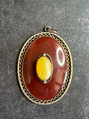 Vintage Czech Glass Red with Yellow Center set in Goldplate Filigree Pendnat