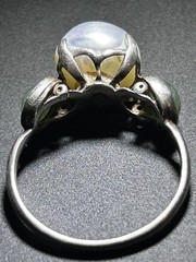 Antique Sterling Silver Pearl Ring with Natural green side stones