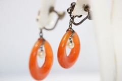 vintage carnelian oval circle dangle center pearl screwback earrings #0101