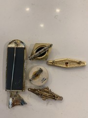 Vintage Brooch Lot, Lady In Mirror, Brass, Blue/ Red Glass, Delft Holland