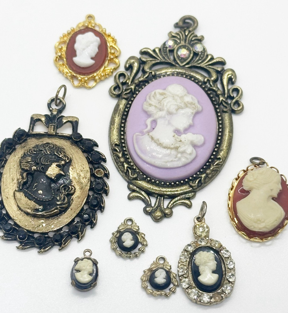 Vintage Cameo Brooch Pendant Lot of 8 Resin Gold Tone Victorian Revival