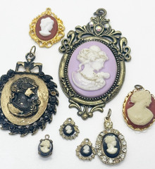 Vintage Cameo Brooch Pendant Lot of 8 Resin Gold Tone Victorian Revival