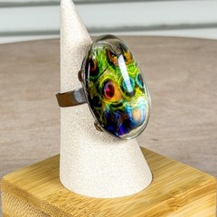Vintage Statement Peacock Green Gold Art Glass Cabochon Ring Size 7