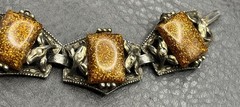 Vintage Silver Tone Bracelet Golden Faux Goldstone Glitter Resin Victorian Style