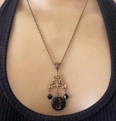 Vintage Art Nouveau Necklace Black Moon Cabochon Chandelier Pendant Czech Glass
