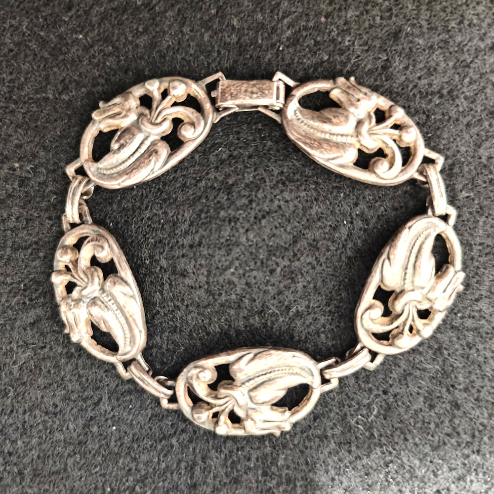 Danecraft Art Nouveau Revival Sterling Silver Signed Flower Panel Link Bracelet