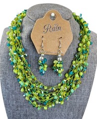 VTG Rain Beaded Necklace Multi Strand Cluster Hook Earrings Set Silver Green Lot