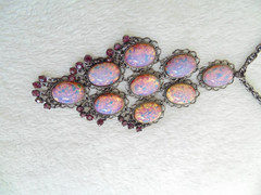 Vtg Dragons Breath Pink Fire Opal Purple Rhinestone Waterfall Pendant Necklace