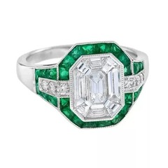 3Ct Art Deco Vintage Lab Created Diamond & Emerald 14K White Gold Plated Ring