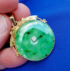 EARTH MINED Green Jadeite JADE DIAMOND Vintage Deco Pendant 14K GOLD Medallion