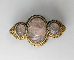 Antique Chinese Gilt Silver Filigree Brooch Pin with Rose Quartz Cabochons