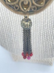 Victorian Revival Necklace Antiqued Brass Ruby Red Beads Pendant Dangle