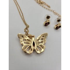 Garnet Butterfly Pendant Necklace Stud Earrings Set Goldtone Crystal Rhinestones