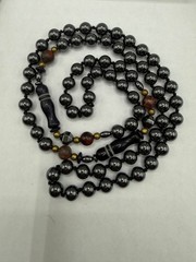 VINTAGE HAND KNOTTED HEMATITE AGATE BLACK SAND STONE LINK BEAD NECKLACE 30″