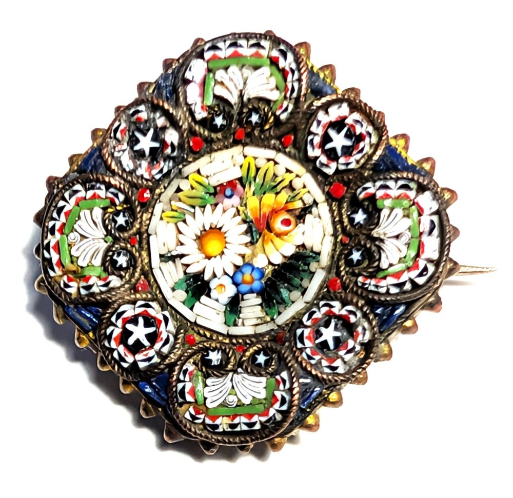 Antique Victorian Italian Micro Mosaic Floral Brooch / Pin C Clasp Marked “BG”