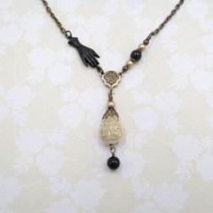 Victorian Reproduction Hand Necklace, Cream Black Gold Acrylic Metal Jewelry