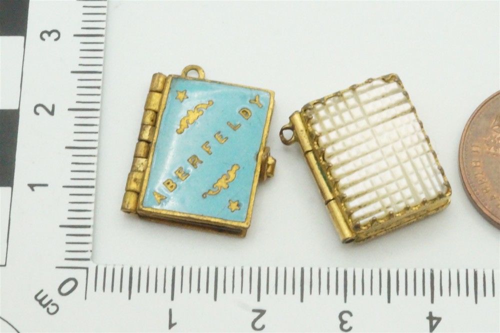 2 ANTIQUE ENGLISH LOCKETS / CHARMS – PINCHBECK ABERFELDY ENAMEL & PEARL c1870