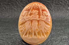 Vintage oval shell cameo, “Dancing Goddesses” (38.5ct) sign by artist with case.