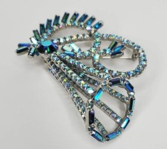 Vintage Hobe Brooch Peacock Blue AB Stones Baguettes Silver Tone 3D Signed