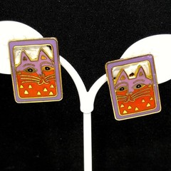 Vintage Laurel Burch “Mallory’s Cat” Post Earrings, Gold Plated, Cloisonne