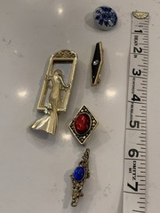 Vintage Brooch Lot, Lady In Mirror, Brass, Blue/ Red Glass, Delft Holland