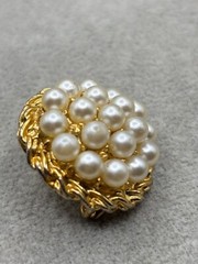 Estate Vintage Brooch Gold-Tone Faux Pearls & Textured Twist Button Trendy Style