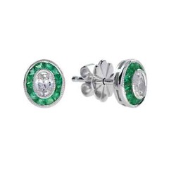 Art Deco Vintage Lab Created Emerald Diamond Antique Earring 14KWhite Gold FN