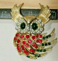Vintage Great Horned Owl Brooch Pin Rhinestone Adorned Costume Estate Jewelry