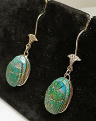 Vintage Egyptian Revival Scarab Earrings Dangle Drop Silver Tone