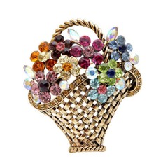 Cute Flower Basket Crystal Rhinestone Vintage Style Brooch Pin and Gold Bag