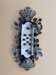 Vintage Brooch Pin Antique Metal Floral Filigree Blue Rhinestones (Czech 1940s?)