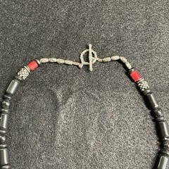 Vintage Genuine Red Coral Necklace Chunky Coral Black Onyx Bead 17” Gift for Her