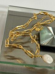 Mayamar (24K Gold Plated) Chunky Link Choker Necklace & Bracelet w/ Pearl Charm