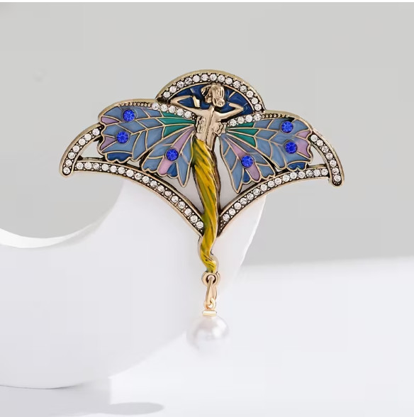 BROOCH-Art Deco Style Cloisonné Fairy Brooch with Rhinestones