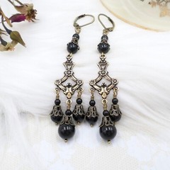 Victorian Mourning Earrings Jet Black Glass Bead Chandelier Filigree Handmade