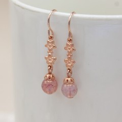 Vintage Style Rose Gold Floral Pink Czech Glass Earrings, Gift for Her, Daughter
