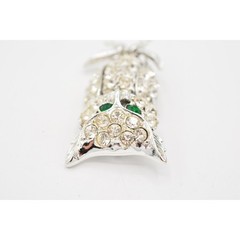 Vintage Crystal Owl Brooch Pin Rhinestone Green Eyes Silver Tone Sparkling Bin1