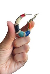 Chunky Multi Color Enamel Hoop Earrings Rhinestone Crystal Gold Tone
