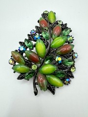 Vintage Arthur Pepper ART Green Givre Glass Cabochons AB Rhinestones Leaf Brooch