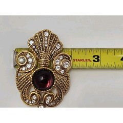 Jeff Lieb Purple Cabochon Gold Tone Brooch Pin Rhinestones Faux Pearl Drop VTG