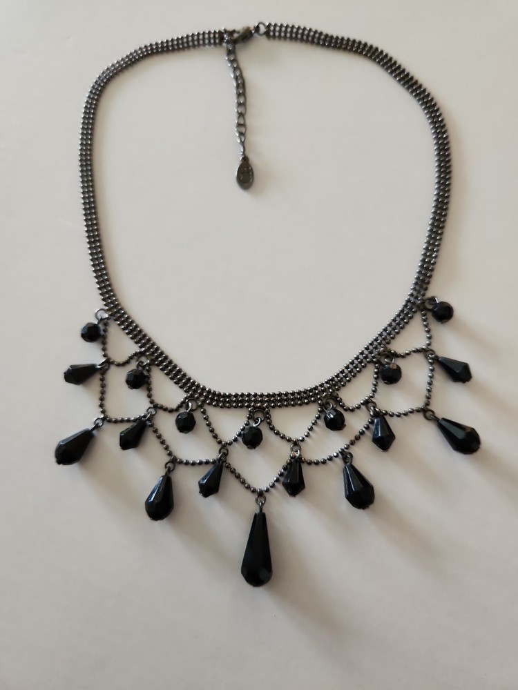 Vintage Carolina Herrera CH Black Crystal Teardrop Bib Necklace Victorian Style