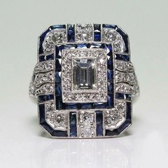 Art Deco Style Lab Created Diamond & Sapphire 925 Silver Anniversary Gift Ring