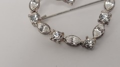 Navette & Round Rhinestones Heart Shaped Brooch Pin Silver Tone