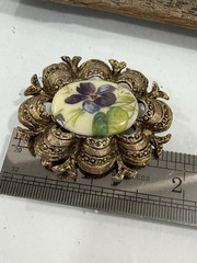 Vintage Victorian Revival Floral Porcelain Purple Violets Cameo Style Brooch