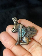 Vintage Southwestern Rabbit Brooch Stylized Winged Jackrabbit Turquoise Inlay