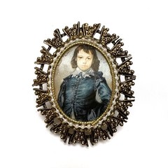 Vintage Victorian Revival Portrait of Boy Faux Pearl Fabric Oval Ornate Pendant
