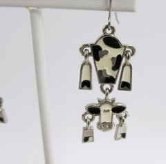 Edgar Berebi Enamel Cow Dangle Earrings Signed EB Silver Tone Articulated