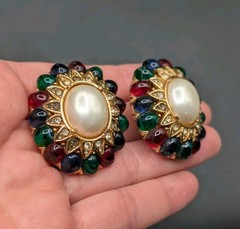 CINER Jewels Of India Moghul Glass Faux Pearl Clip On Gold Tone Earrings ⚠️Read